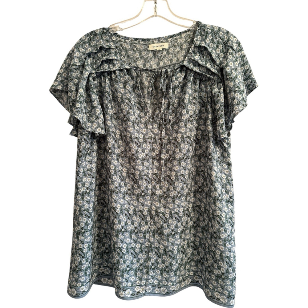 Max Studio Keyhole Chiffon Blouse W/ Bow Womens Medium Blue Short Flutter Sleeve